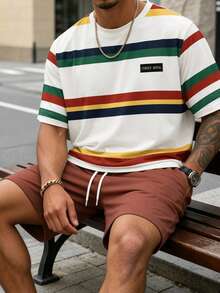 Sorvial Men's Fashion Colorful Striped Print T-Shirt And Drawstring Waist Shorts Set - Multicolor - View 8