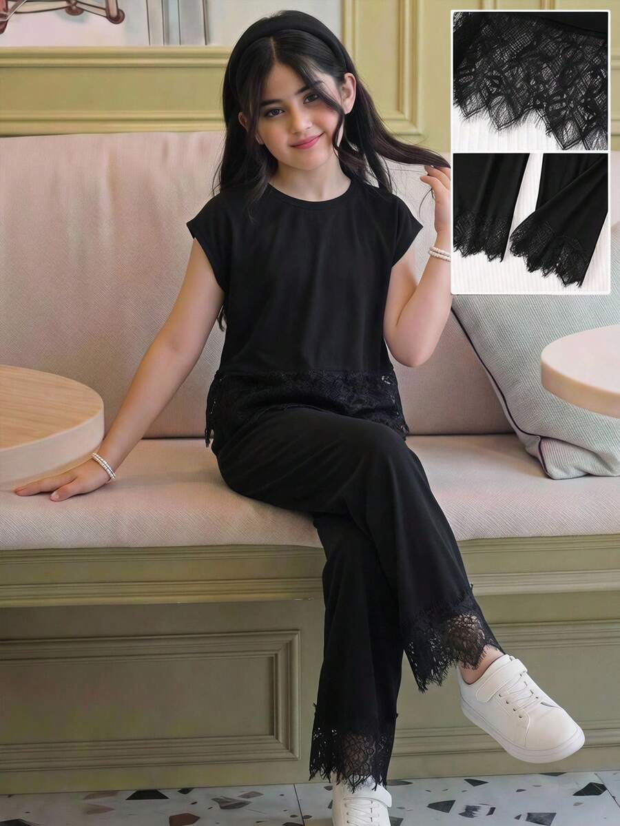SHEIN 青少年女孩純黑色蕾絲裝飾下擺圓領短袖T恤上衣寬腿褲2件套,休閒優雅黑色褲裝套裝,適合家庭夏季穿著 - 黑色 - 查看 1