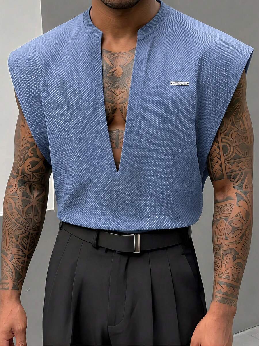 AXEPEAK Men's Metal Letter Patchwork Deep V-Neck Casual Tank Top - Blue - View 1