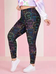 SHEIN X Care Bears 加大码卡通熊图案高腰打底裤，秋冬季高弹力印花打底裤 - 黑色 - 查看 1