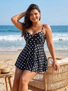 SHEIN Swim 大码黑白波点印花泳衣，简约成熟风格 - 黑與白 - 查看 4