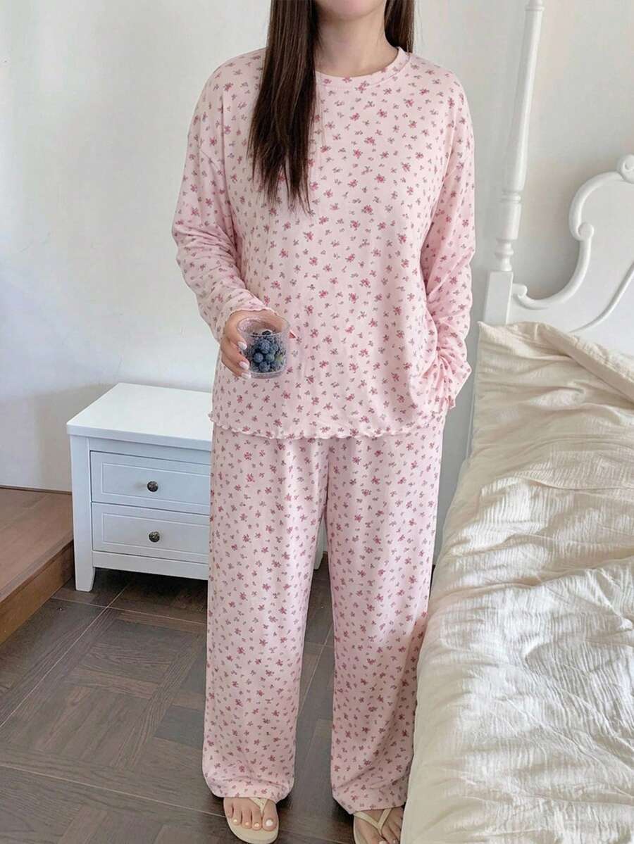 Dazy Plus 時尚居家服 2 件套 優雅碎花寬鬆上衣與睡褲 大尺碼女款 春夏秋睡衣套裝 - 粉色 - 查看 1
