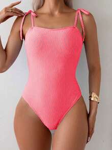 SHEIN Swim 女款條紋連身泳衣，適合度假與海灘 - 西瓜粉 - 查看 4