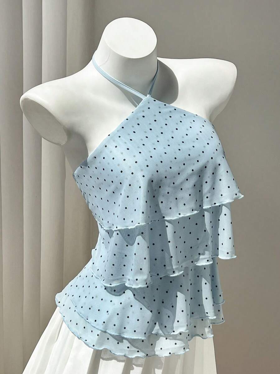 Elamini 女款春夏度假風荷葉邊拼接四層波點布料優雅修身貼身綁帶背心上衣沙灘風 - 藍色 - 查看 1