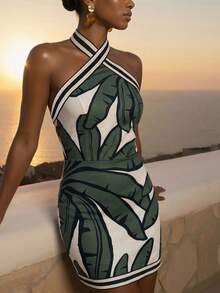 CAJUNI Vacation Casual Coconut Tree Print Backless Halter Neck Dress - Green - View 5