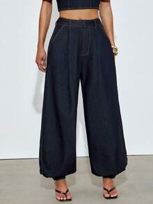Hauture Pantalones largos de mezclilla con puños abullonados plisados, estilo sexy y casual para mujer - Azul - Ver 3