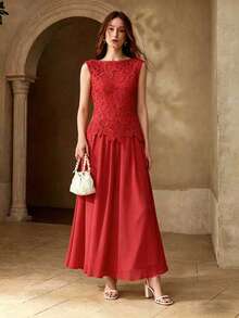 MOTF PREMIUM WOMEN'S SUMMER ELEGANT ROMANTIC STYLE SOLID COLOR PATCHWORK WATER-SOLUBLE LACE SLEEVELESS DRESS - Red - View 5