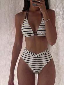 Swim Vcay 2026新款女款兩件式比基尼套裝，黑白拼接紋理面料，雙肩帶露背性感設計，分體比基尼，夏季海灘度假休閒風，女式比基尼套裝 - 彩色 - 查看 5