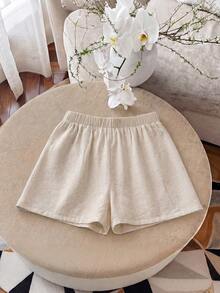 GlowEve CURVE Shorts de talla grande con textura de lino color crema, envolvente con lazo y anti-exposición - Albaricoque - Ver 2