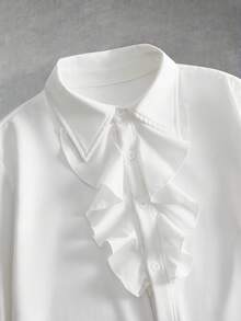 ROMWE MEN Street Life Teen Boy Solid Color Patchwork Ruffle Trim Long Sleeve Single-Breasted Shirt - White - View 3