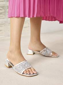 MOTF WOMEN SHOES NEW FRENCH RETRO FASHION SQUARE TOE MESH HOT DRILL HOLLOW THICK HEEL SANDALS, SILVER ELEGANT AND COMFORTABLE VERSATILE SUMMER - Silver rhinestones - View 6