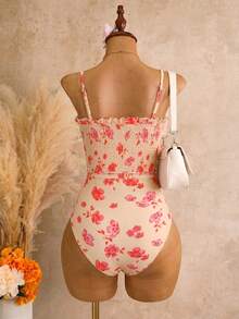 Swim Vcay White Random Print Smocked One-Piece Swimsuit With Adjustable Shoulder Straps, Tropical Boho Beach Vacation Swimwear For Women Summer - Yellow - View 3