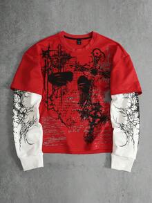 ROMWE MEN Men's Colorblock Patchwork Gothic Print T-Shirt - Red - View 1