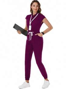 TaskEZ Mono uniforme de enfermería de unicolor con manga corta, bolsillo y cintura con cordón - Morado - Ver 5