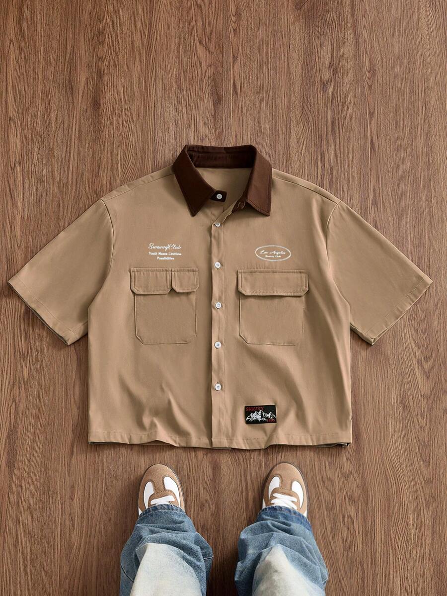 SWAVVY Men's Letter Print Short Sleeve Workwear Pocket Single-Breasted Casual Shirt - Brown - View 1