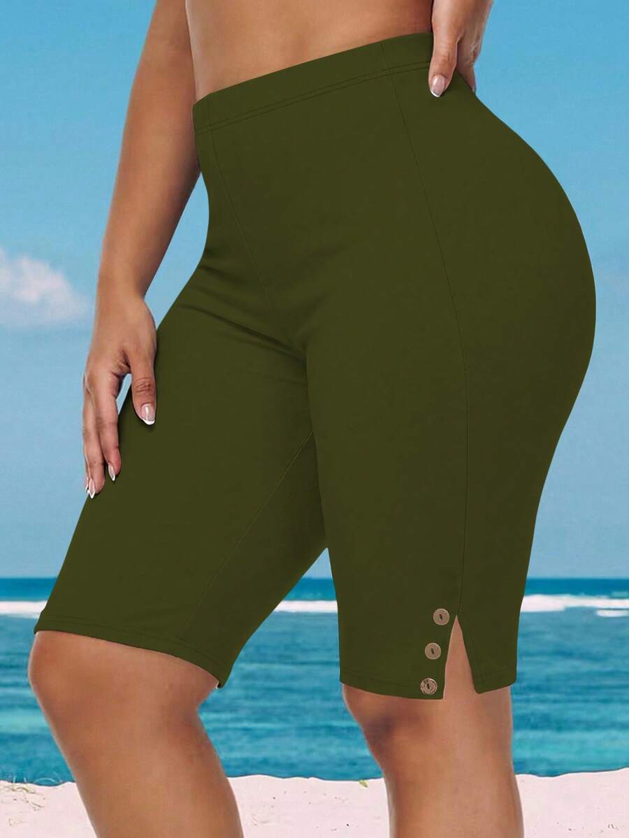 EMERY ROSE Plus Size Casual Versatile Solid Color High Waist Leggings - Green - View 1