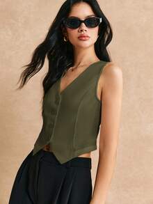 Poéselle Casual Chic Solid Color Minimalist Draped V-Neck Sleeveless Blazer With Decorative Button Details Teachers' Day Business Office Olive Green Summer - Green - View 3