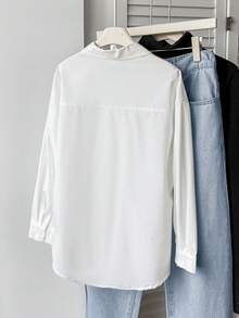 SHEIN Tween女孩秋季新款白色純色小馬圖案刺繡裝飾寬鬆長袖襯衫 - 白色 - 查看 2
