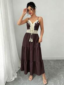 SHEIN Raffinéa 女款春季時尚休閒藍白碎花細肩帶洋裝 - 咖啡 - 查看 5