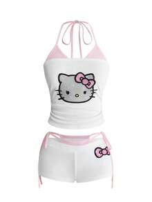 HELLO KITTY AND FRIENDS | ROMWE Y2K 水鑽掛脖背心與低腰短褲 2 件套女裝 - 淺粉色 - 查看 3