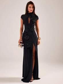 SHEIN BAE Black Waterdrops Embroidered Chinese Style Qipao Dress With High Slit, Women Black Sheer Hollow-Out Sexy Dress - Black - View 3