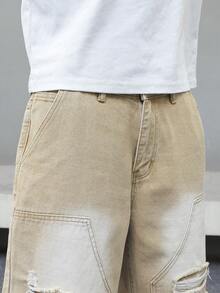 Manfinity EMRG Quần short denim thường ngày tua rua có túi bên hông dành cho nam - Màu Khaki - Xem 5