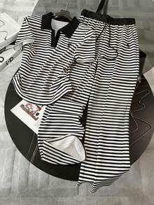 Resyla Striped Digital Print Fashionable Minimalist Women's Polo Collar T-Shirt + Pants Set, Gift For Friends - Multicolor - View 3