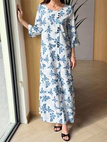 Al Najma 女款花卉印花阿拉伯風洋裝 - 藍色 - 查看 8