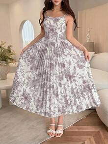 Feyla 女款花卉印花百褶細肩帶洋裝與純色長袖開襟衫休閒日常兩件套 - 淡紫色 - 查看 7