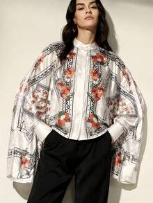 Frievida Kemeja Wanita Lengan Panjang Longgar dengan Motif Blok Warna Vintage, Desain Lengan dan Ujung Bawah Berbentuk Syal Persegi, Gaya Liburan Elegan untuk Beraktivitas Sehari-hari - MultiWarna - View 8