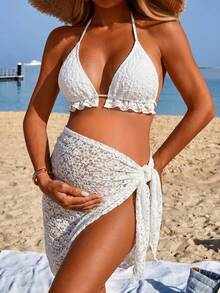 SHEIN Maternity Solid Color Beach Family Vacation Swimwear Set Summer - White - View 1