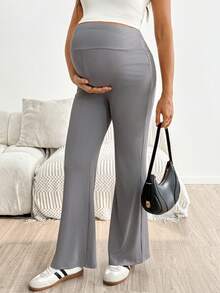 SHEIN Maternity Solid Color Adjustable Waist Casual Flare Leggings - Brown - View 6