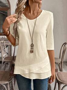 EMERY ROSE Blusa blanca con cuello en V y dobladillo de patchwork para mujer - Beis - Ver 4