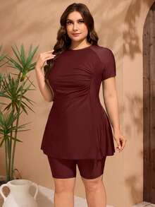 Swim Mulvari Plus Size Women Burkini Set, Ruched Side Tankini Swimwear, Slate Blue - Burgundy - View 3