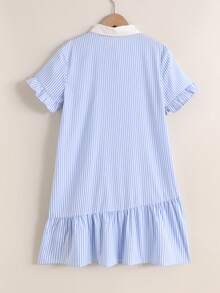 SHEIN 少女休閒舒適立領拼色羅紋純色洋裝，返校季公主風，適合畢業派對、生日派對，Y2K時尚街頭個性甜酷女孩風 - 藍白色 - 查看 2