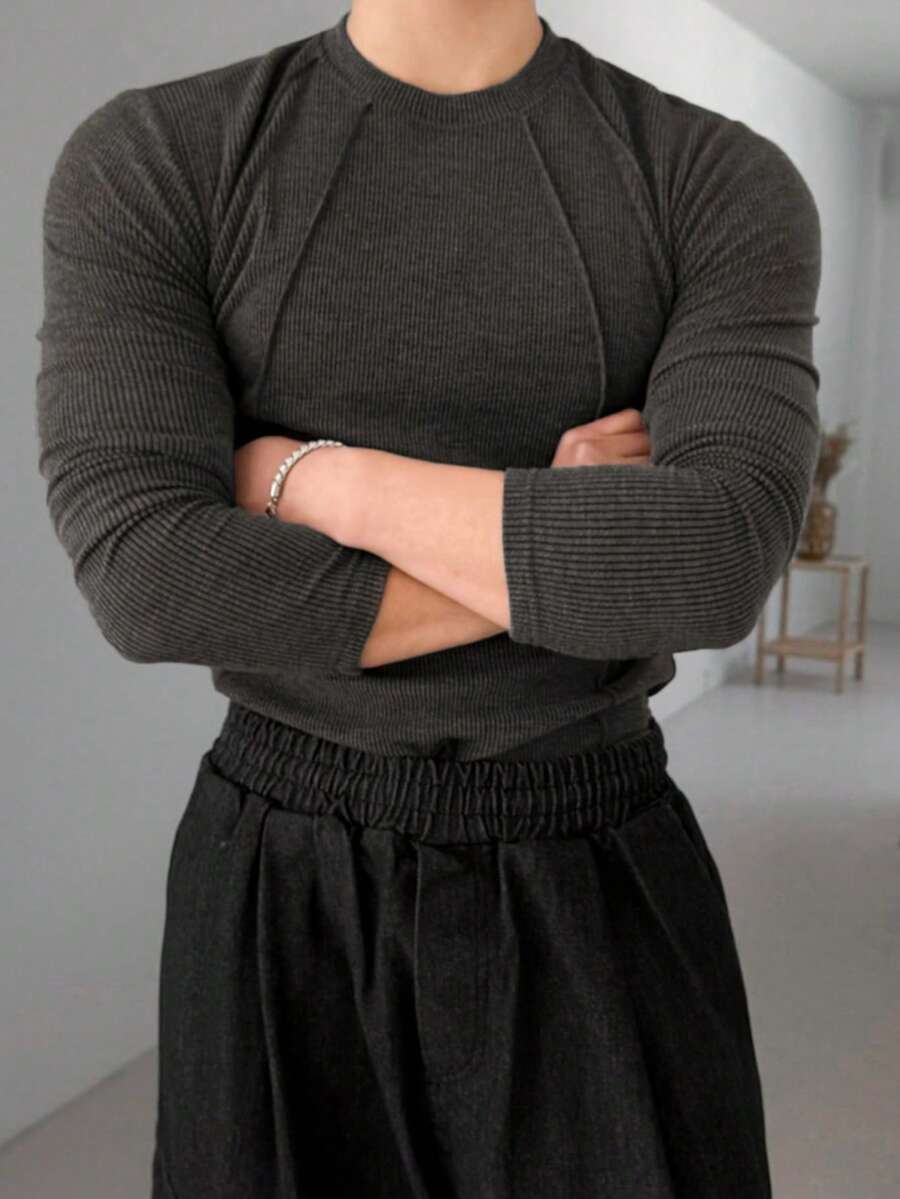 DAZY Men's Dark Grey Elastic Fabric Long Sleeve Solid Color T-Shirt For Spring And Autumn - Dark Grey - View 1