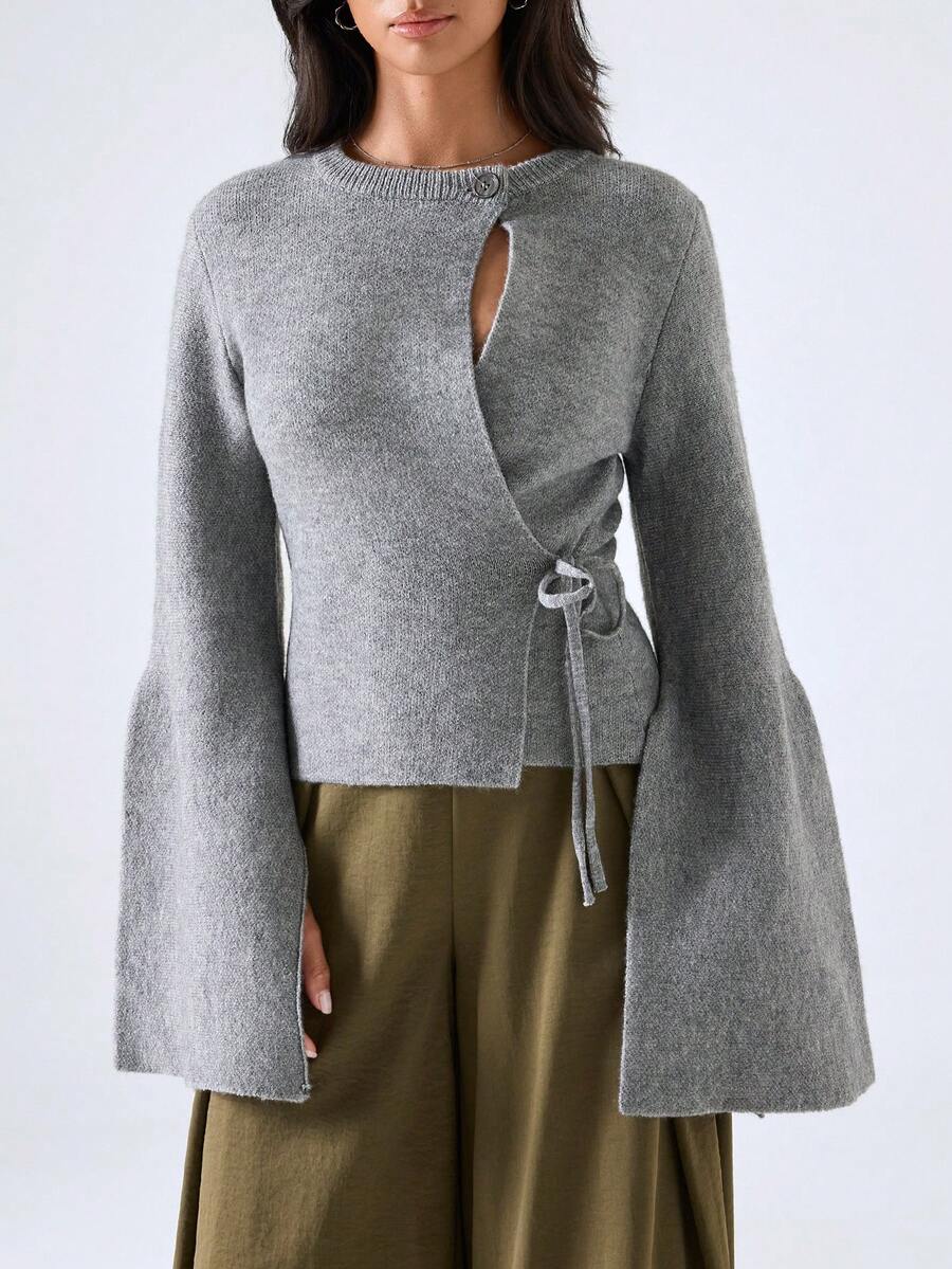 LYSMO Fashion Casual Solid Color Tie-Up Wrap Women's Sweater - Dark Grey - View 1