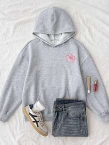 SHEIN 少女花卉印花連帽休閒日常秋季衛衣 - 粉色 - 查看 2