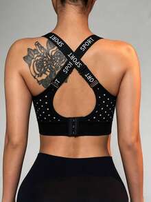Easithlete Easithlete Seamless Knit Adjustable Letter Strap Sports Bra With Removable Padded Polka Dot Lining - Black and White - View 6