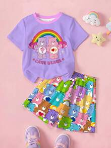 SHEIN X Care Bears 女童字母和小熊印花圆领短袖T恤和短裤休闲日常穿搭 - 白色 - 查看 1