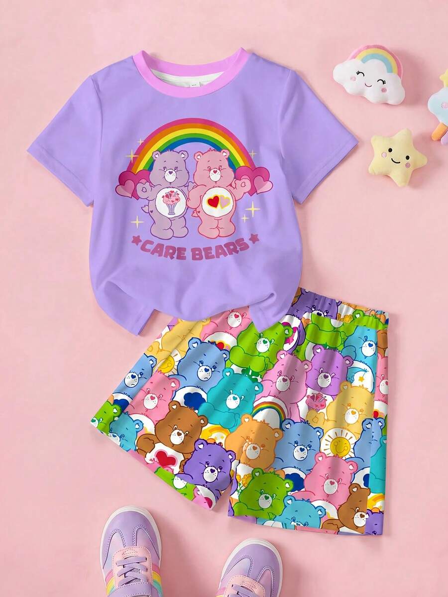 SHEIN X Care Bears 女童字母和小熊印花圆领短袖T恤和短裤休闲日常穿搭 - 白色 - 查看 1