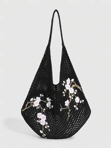 ROMWE Kawaii 1件時尚針織單肩包，黑色鏤空梅花刺繡單肩包，適合日常穿搭 - 黑粉色 - 查看 1