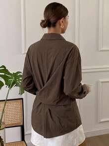 Livesso 秋冬春夏女款寬鬆商務休閒通勤辦公腰帶抽繩綁帶簡約棕色長袖襯衫 - 棕色 - 查看 7