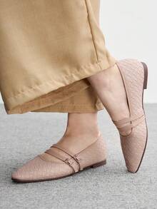 CUCCOO BIZCHIC Zapatos Mary Jane de mujer con doble hebilla tejida, punta cuadrada y suela plana, estilo retro francés con suela blanda, cómodos y versátiles para el uso diario - Polvo desnudo - Ver 4