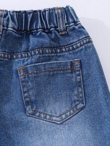 SHEIN 少女 Y2K 街頭日常彈性腰直筒牛仔褲，平口袋設計，秋季日常 OOTD - 深色水洗藍 - 查看 7