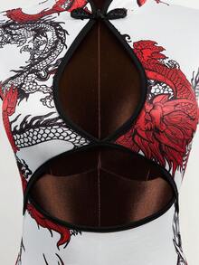 Mistrie Women's Chinese Dragon Print Buttoned Hollow-Out Cap Sleeve Bodycon Dress - Red and White - View 5
