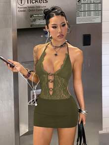 SHEIN Jeanoir 性感透視蕾絲露背鏤空設計迷你洋裝 女款 - 橄欖綠 - 查看 7