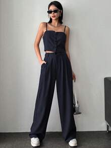 DAZY 2pcs Off-Shoulder Backless Camisole Top & High Waist Loose Casual Suit Pants Set - Navy Blue - View 6