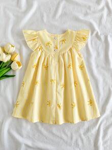 SHEIN Vintaside Kids Vestido para bebé niña pequeña/recién nacida 0-3 años primavera/verano casual versátil lindo dulce divertido con mangas de volantes - Amarillo - Ver 6