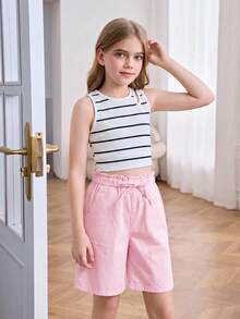 SHEIN 青少年女孩腰部綁帶口袋休閒牛仔短褲 - 粉色 - 查看 2